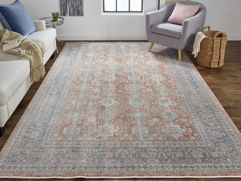 7' X 10' Silver Taupe and Blue Oriental Power Loom Worn Faded Area Rug With Fringe